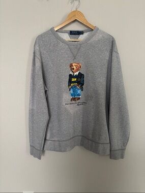 Polo Ralph Lauren Gray Polo Bear Fleece Crewneck Sweatshirt Blazer Jeans Size XL